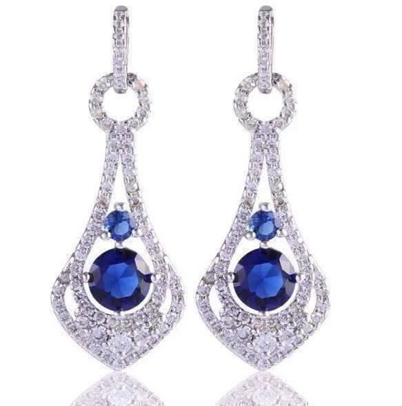 chic earrings for women -Elite Sapphire Blue CZ Pavé White Gold Plated Chandelier Earrings