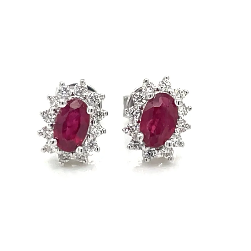 minimal earrings for women -9ct White Gold Earth Grown Princess Di Style Ruby & Diamond Stud Earrings