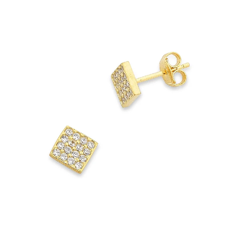 modern earrings for women -9ct Yellow Gold Silver Infused 5mm Square Cubic Zirconia Stud Earrings