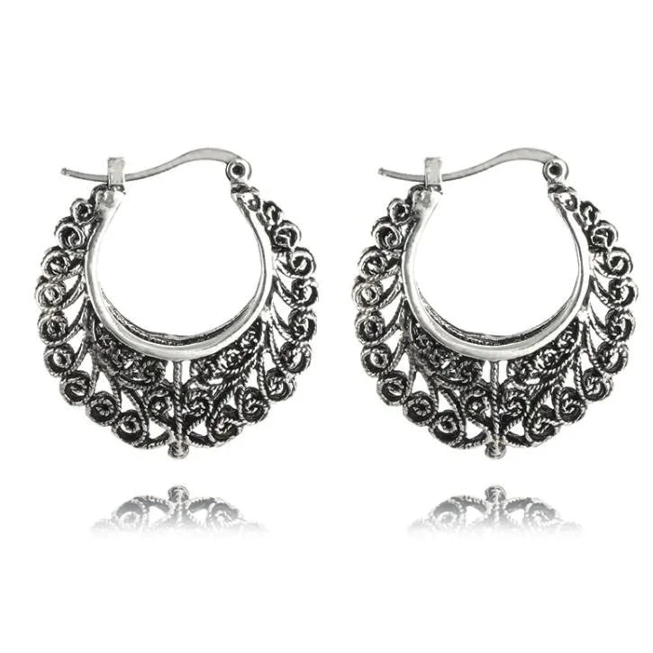 small hoop earrings for women -Large Black Patina Filigree Hoop Earrings