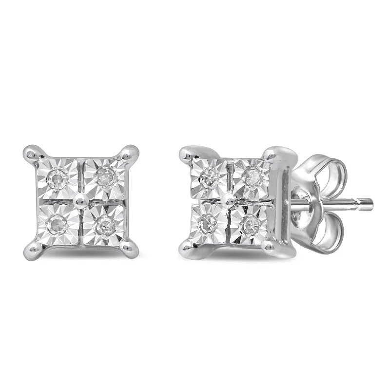 bold silver earrings for women -Diamond Illusion Square Look Earrings in 9ct White Gold