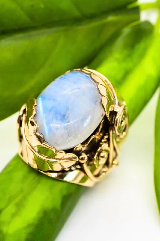 bold rings for women -Large Moonstone Ring w/ Leaf Setting