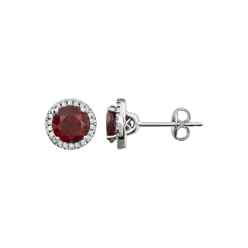 bohemian earrings for women -8mm Halo Style Mozambique Garnet & Diamond Earrings in 14k White Gold