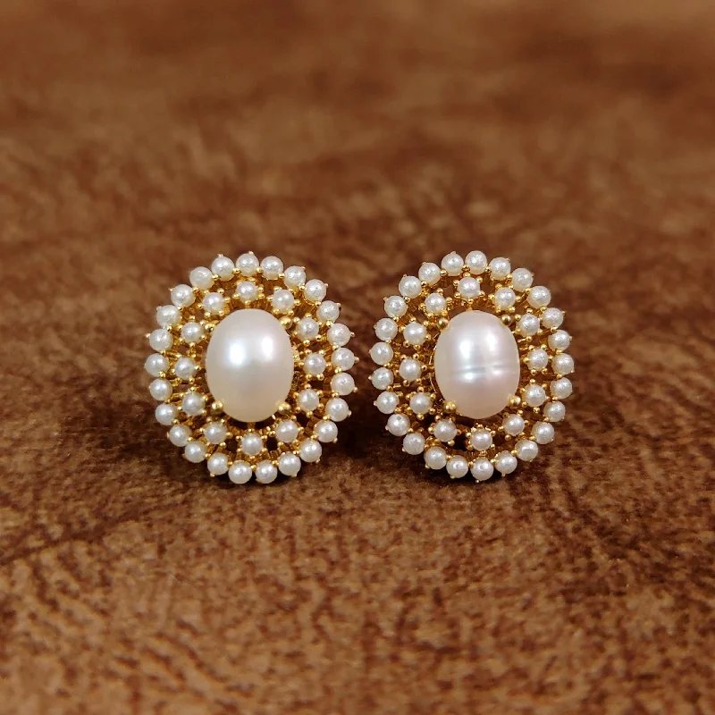 trendy crystal earrings for women -SEMI PRECIOUS PEARL OVAL SHAPED STUDS