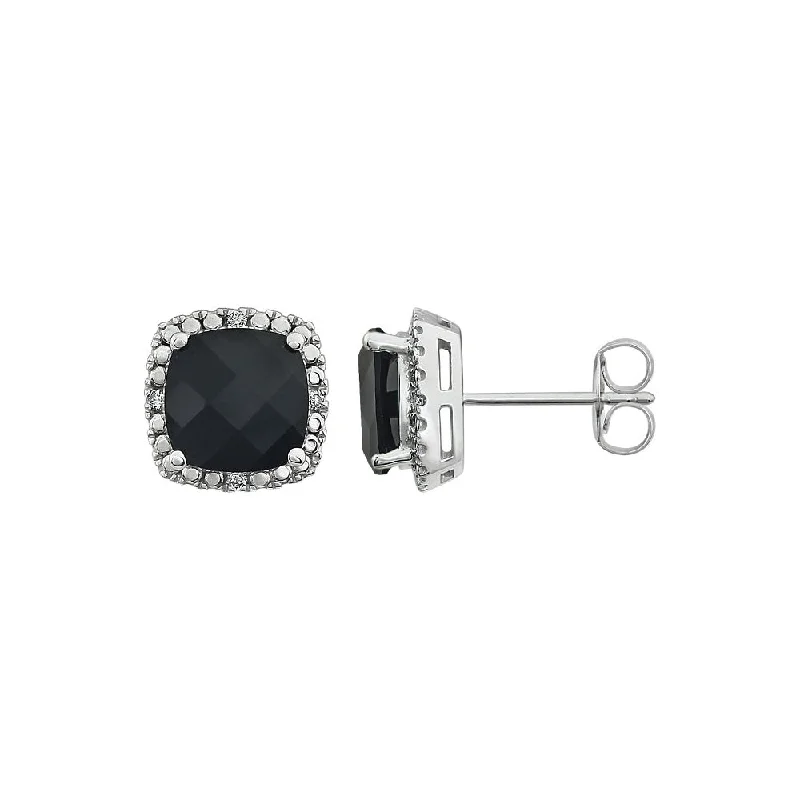 heart-shaped earrings for women -Black Onyx & Diamond 10mm Earrings in 14k White Gold