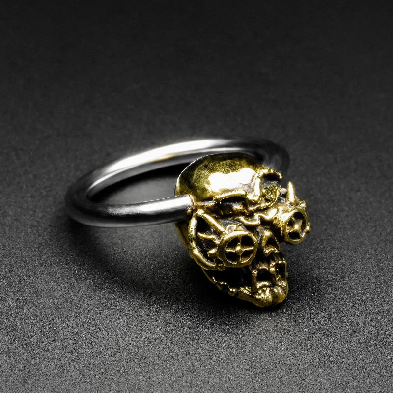 vintage gold rings for women -Steampunk Skull Brass & Surgical Steel BCR Ball Closure Ring