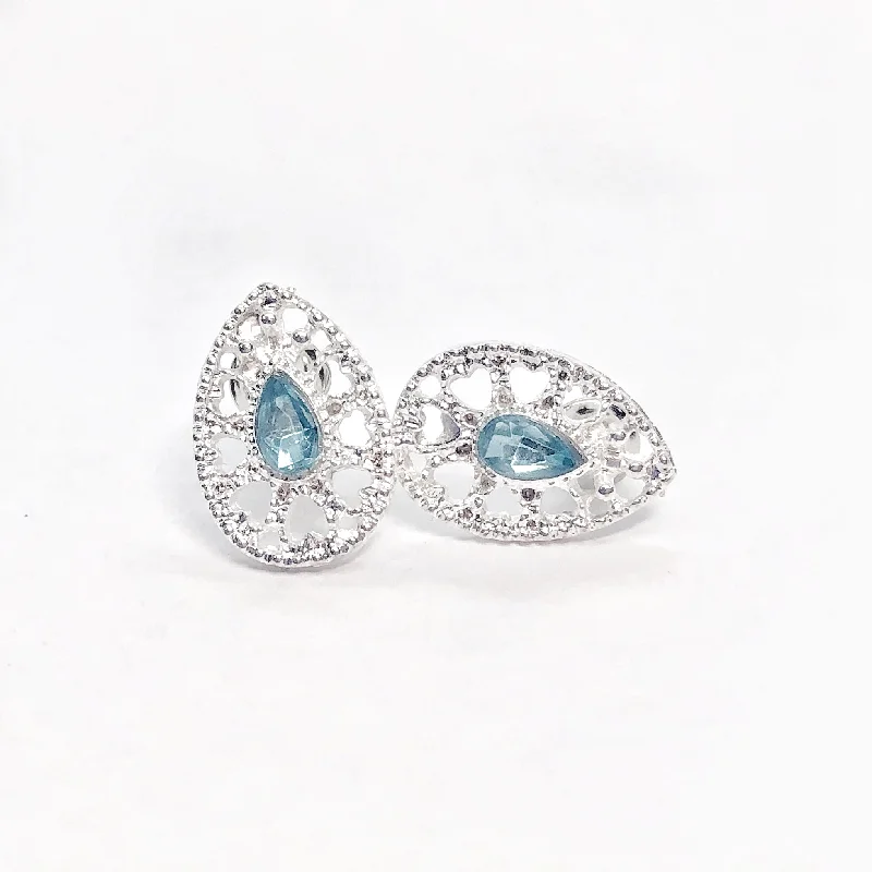 silver stud earrings for women -Silver Spring Aqua Pear Crystal Stud Earrings