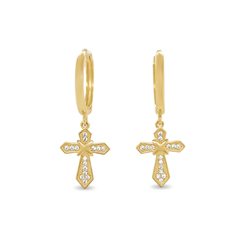 teardrop earrings for women -Cross Drop Earrings with Cubic Zirconia in 9ct Yellow Gold