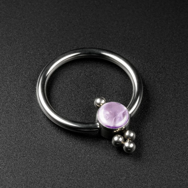 wedding band sets for women -Amethyst Purple Jewelled Trinity Drop Titanium BCR Ball Closure Ring