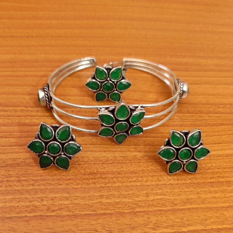 fashion hoop earrings for women -GREEN COLOUR GERMAN SILVER BRACELET EARRINGS & RING SET