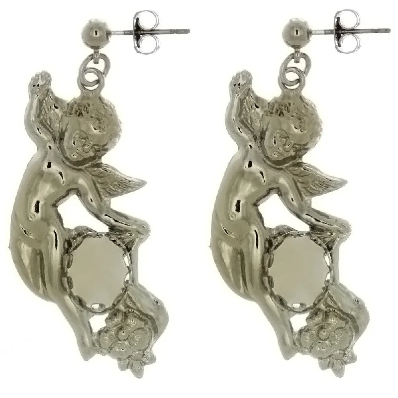 stud pearl earrings for women -Cabochon Setting Dangle Cherub Earrings Holds 8x10 mm Cabochon