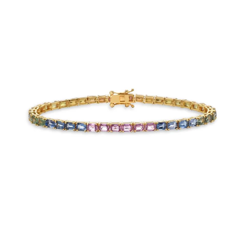 friendship bracelets for women -Emerald Cut Rainbow Multi Color Sapphire Tennis Bracelet (10.85 ct.) in 14K Gold