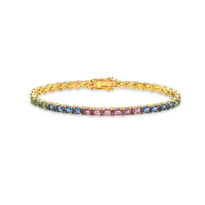 leather bangles for women -Emerald Cut Multicolor Rainbow Sapphire Tennis Bracelet ( 10.50 ct. ) 4-Prongs Setting in 14K Gold