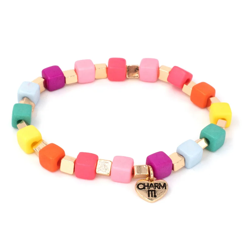 colorful bracelets for women -Gold Multi Cube Stretch Bead Bracelet