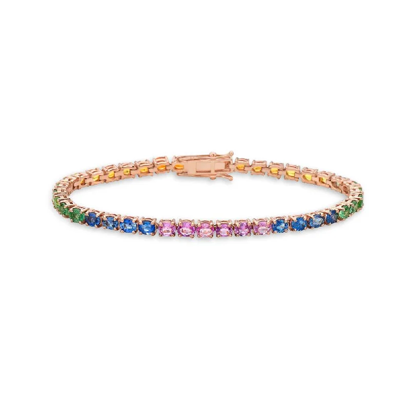 charm bracelets for women -Multicolor Rainbow Oval Sapphires Tennis Bracelet (10.00 ct.) 4-Prongs Setting in 14K Gold