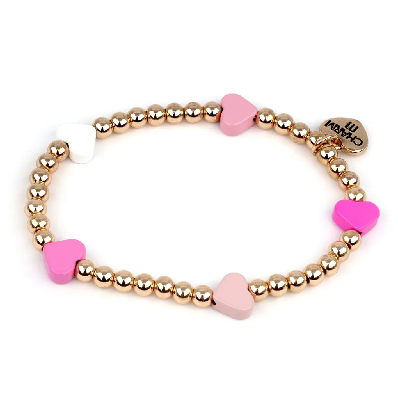 beaded bracelets for women -Gold Bead Pink Heart Stretch Bracelet