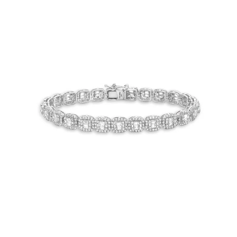 statement tennis bracelets for women -Round & Baguette Diamond Halo Rectangular Shape Tennis Bracelet ( 5.00 ct.) in 14k Gold