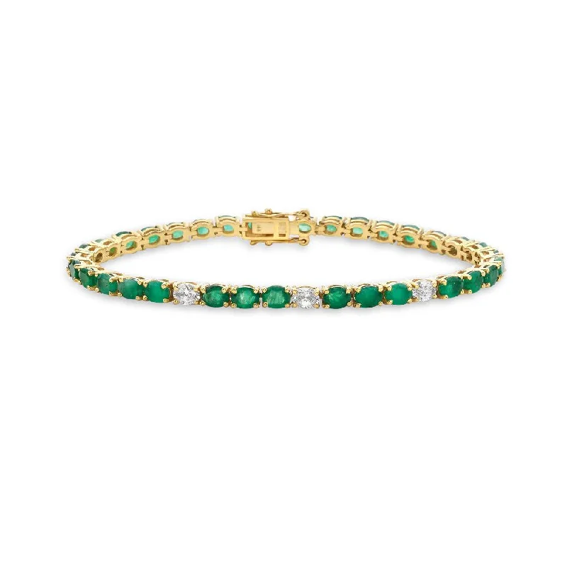 stunning bracelets for women -Oval Shape Emerald & Diamond Bracelet (7.40 ct.) 4-Prongs Setting in 14K Gold