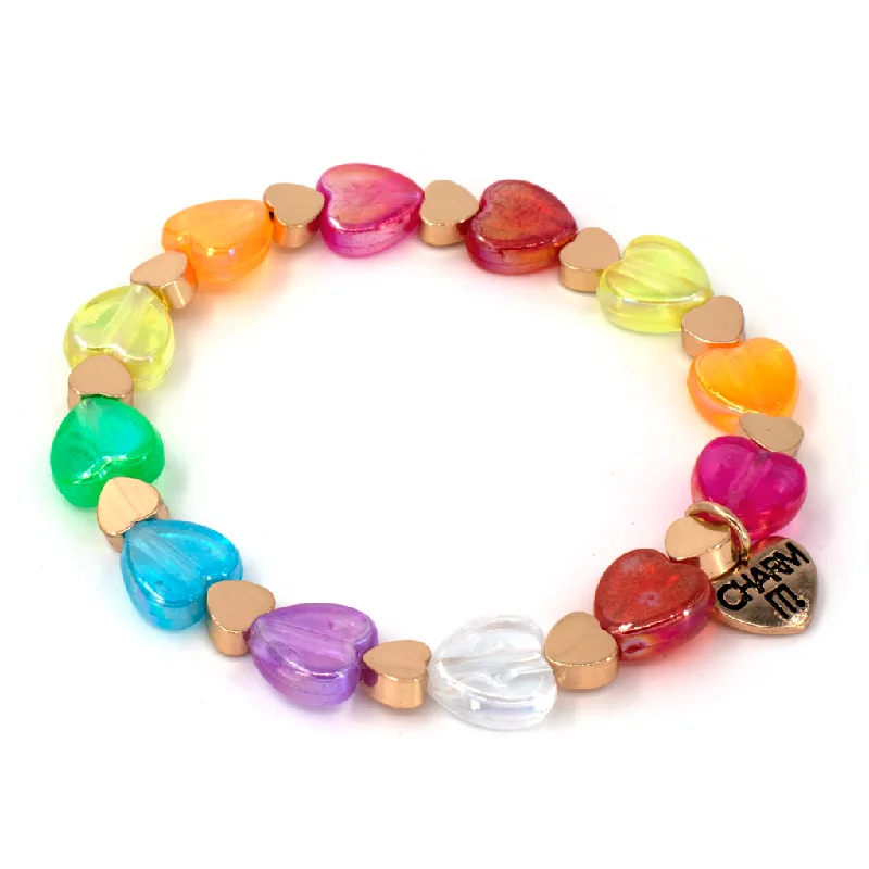 tennis bracelets for women -Gold Rainbow Heart Bead Stretch Bracelet