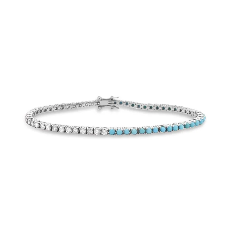 custom charm bracelets for women -Half Diamond & Half Turquoise Tennis Bracelet (3.80 ct.) 4-Prongs Setting in 14K Gold