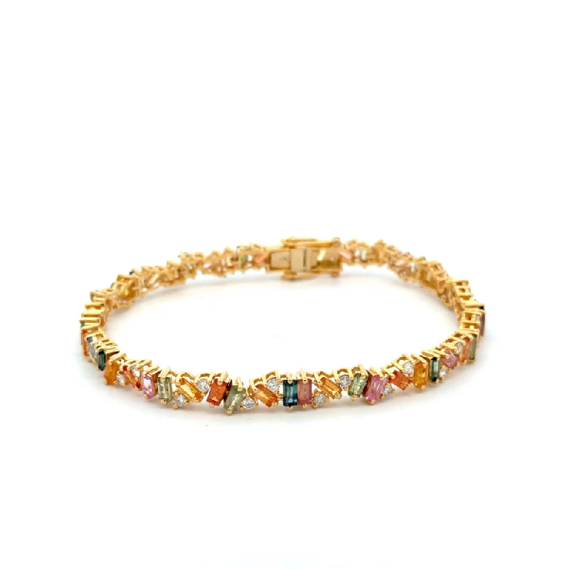 charm bracelets for women -Multi Shape Rainbow Multi Color Sapphire and Diamond Tennis Bracelet (8.15 ct.) in 14K Gold