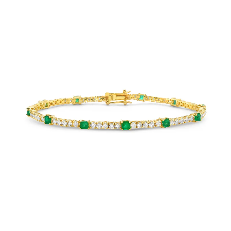 adjustable gold bangles for women -Alternate Diamond & Princess Cut Emerald Tennis Bracelet (4.00 ct.) 4-Prongs Setting in 14K Gold