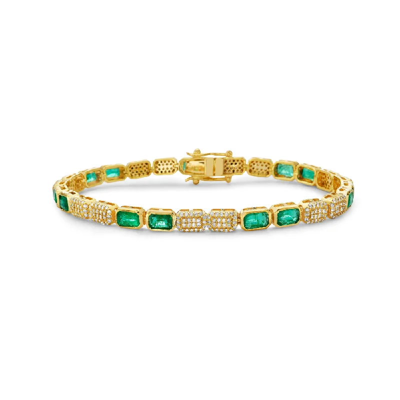 gold bangles for weddings -Emerald Cut Emerald & Pave Diamonds Tennis Bracelet (5.50 ct.) Bezel Setting in 14K Gold