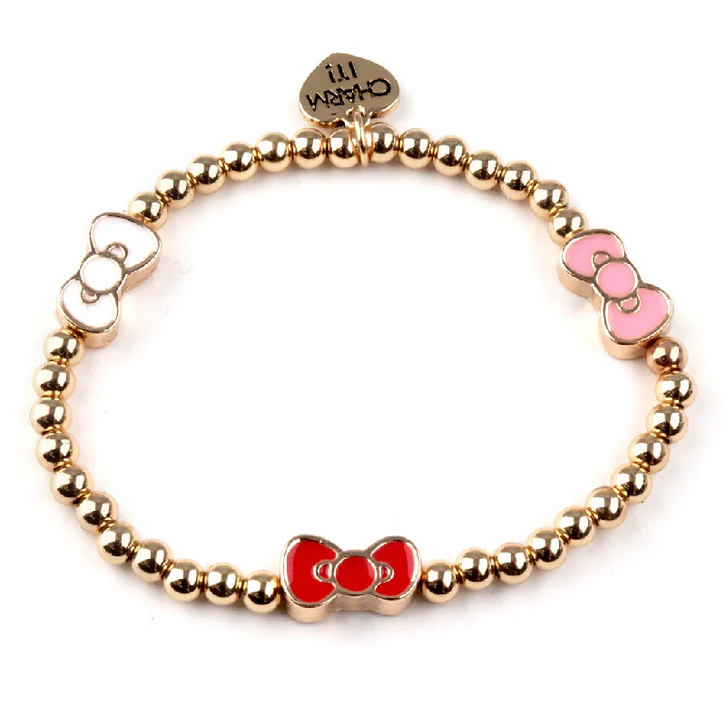 elegant bangles for women -Gold Hello Kitty Bow Stretch Bead Bracelet