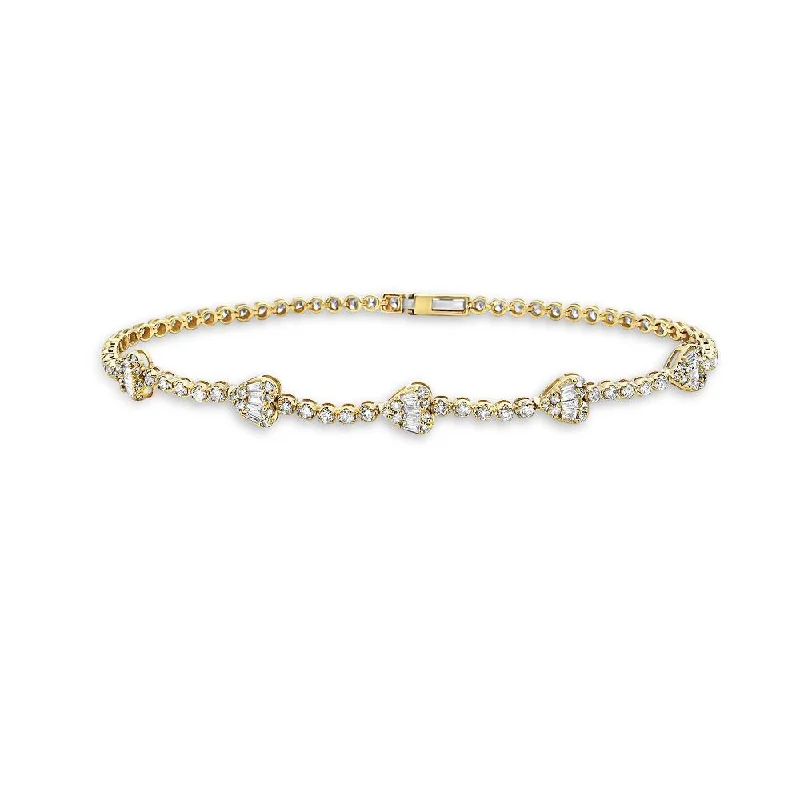 bridal charm bangles for women -Round & Baguette Diamonds Heart Shape Tennis Bracelet (1.70 ct.) Buttercup Setting in 14K Gold