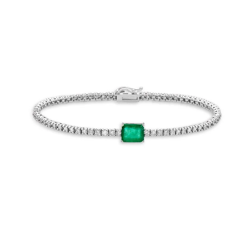 wedding bracelets for women -Diamond Tennis Bracelet With Emerald Cut Emerald Solitaire (2.80 ct.) 1.7 mm 4-Prongs Setting in 14K Gold