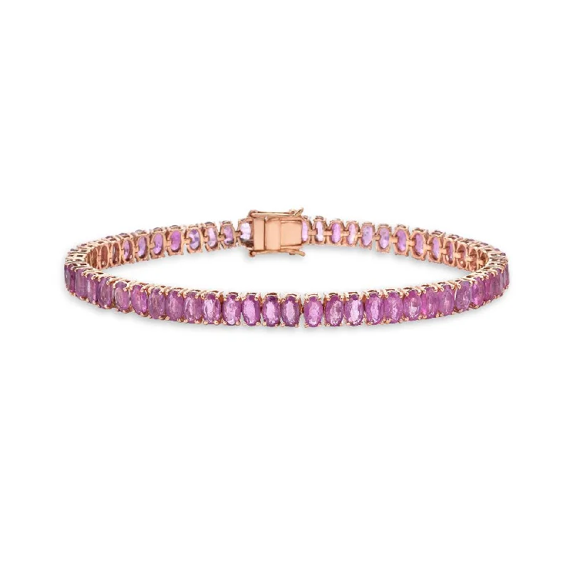 chunky bracelets for women -Oval Shape Pink Sapphire Tennis Bracelet (23.00 ct.) 4-Prongs Setting in 14K Gold