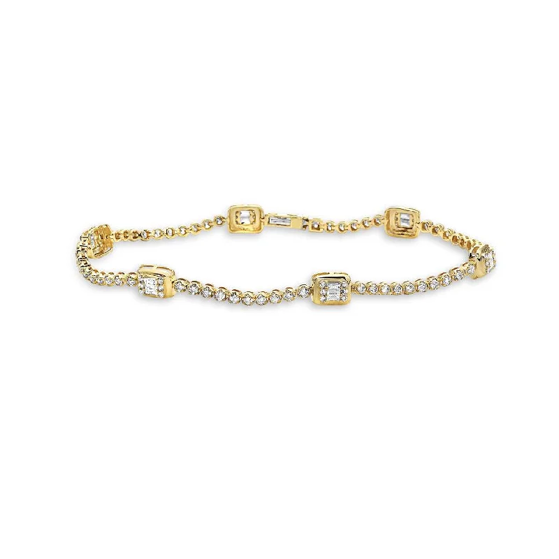 chic bangles for women -Round & Baguette Diamonds Rectangular Shape Tennis Bracelet (1.65 ct.) in 14K Gold