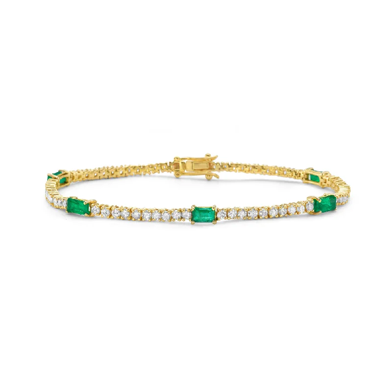 gold bangles for women -Alternate Diamond & Elongated Emerald Cut Emerald Tennis Bracelet (4.95 ct.) 4-Prongs Setting in 14K Gold